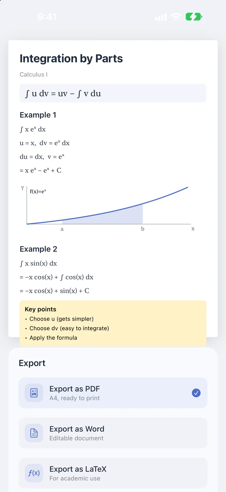 Aura on iPhone: the export screen with PDF, Word and LaTeX options for an A4 document.