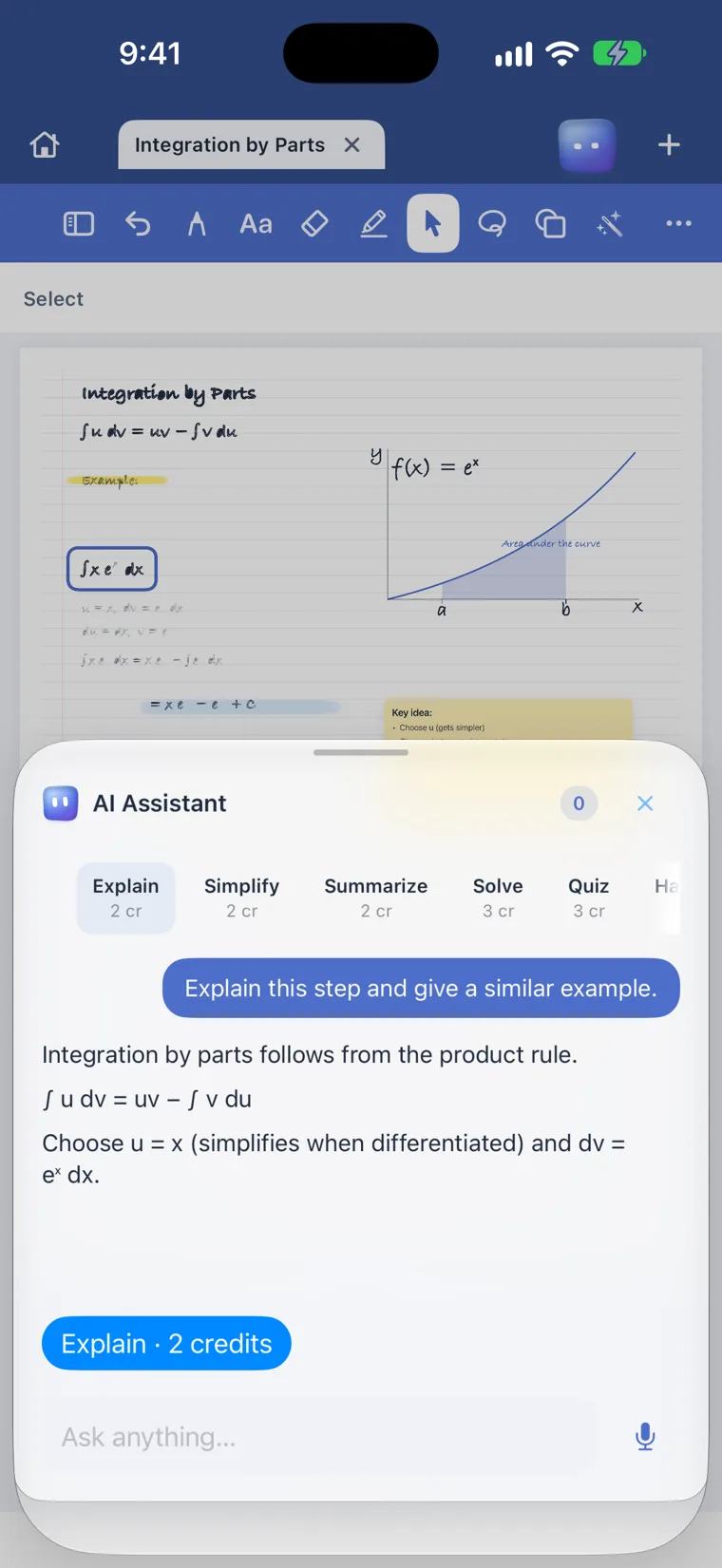 Aura on iPhone: the study assistant answering about a selected step of a handwritten page.