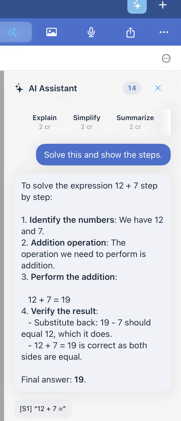 The AI assistant panel solving the circled 12 + 7 step by step, ending with Final answer: 19.