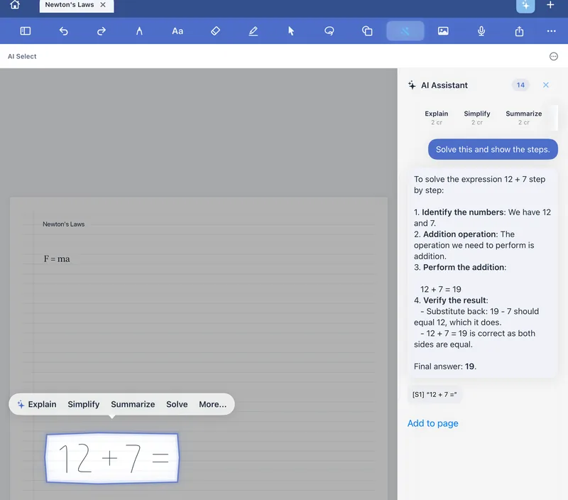 AI Select on iPad: handwritten 12 + 7 = circled on a lined page, and the assistant solving it step by step to 19.