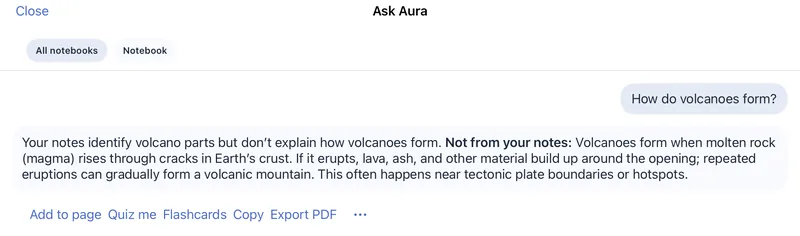 Ask Aura answering “How do volcanoes form?”: it says the notes don't explain it and marks the rest Not from your notes.