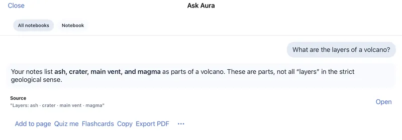 Ask Aura on iPad: “What are the layers of a volcano?” answered from the student's notes, with a Source card and an Open button.