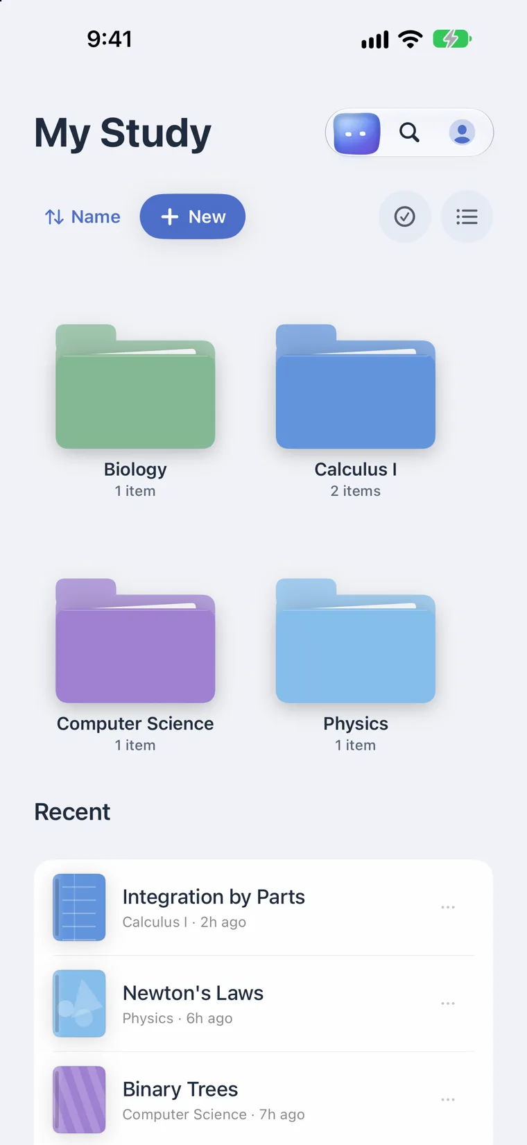 Aura in English: the My Study screen with course folders for Biology, Calculus I, Computer Science and Physics, and recent notebooks.